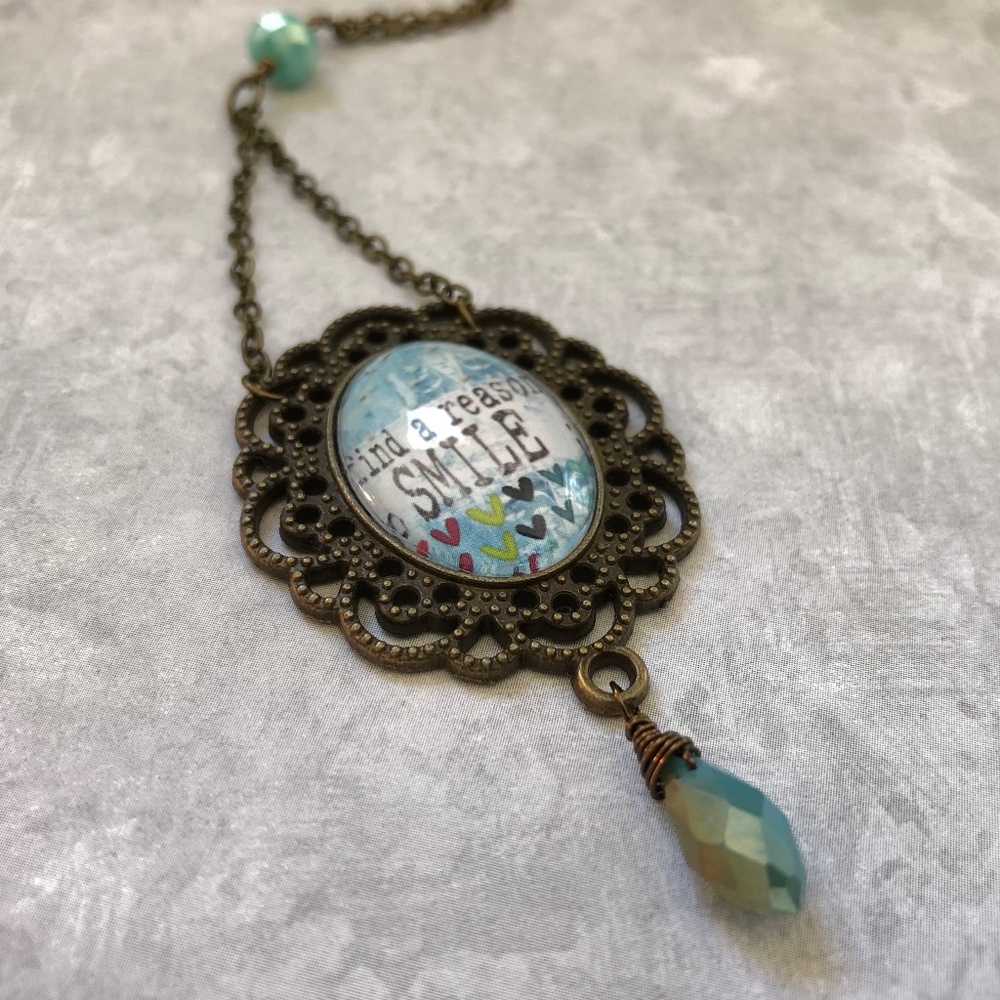 Vintage Style Handmade Inspirational Glass Dome Cabachon Beaded Long Necklace